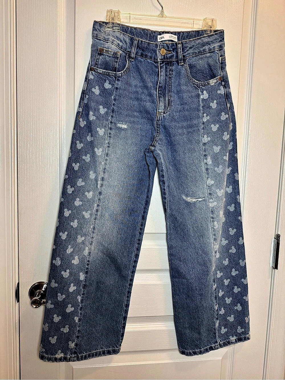 Zara x Disney Mickey Mouse Wide Leg Jeans Distressed Blue 13-14